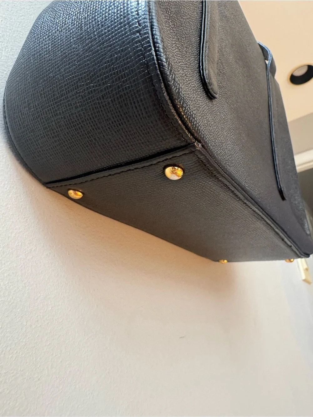 MCM Black Satchel with Gold Plaque and Stud Accents